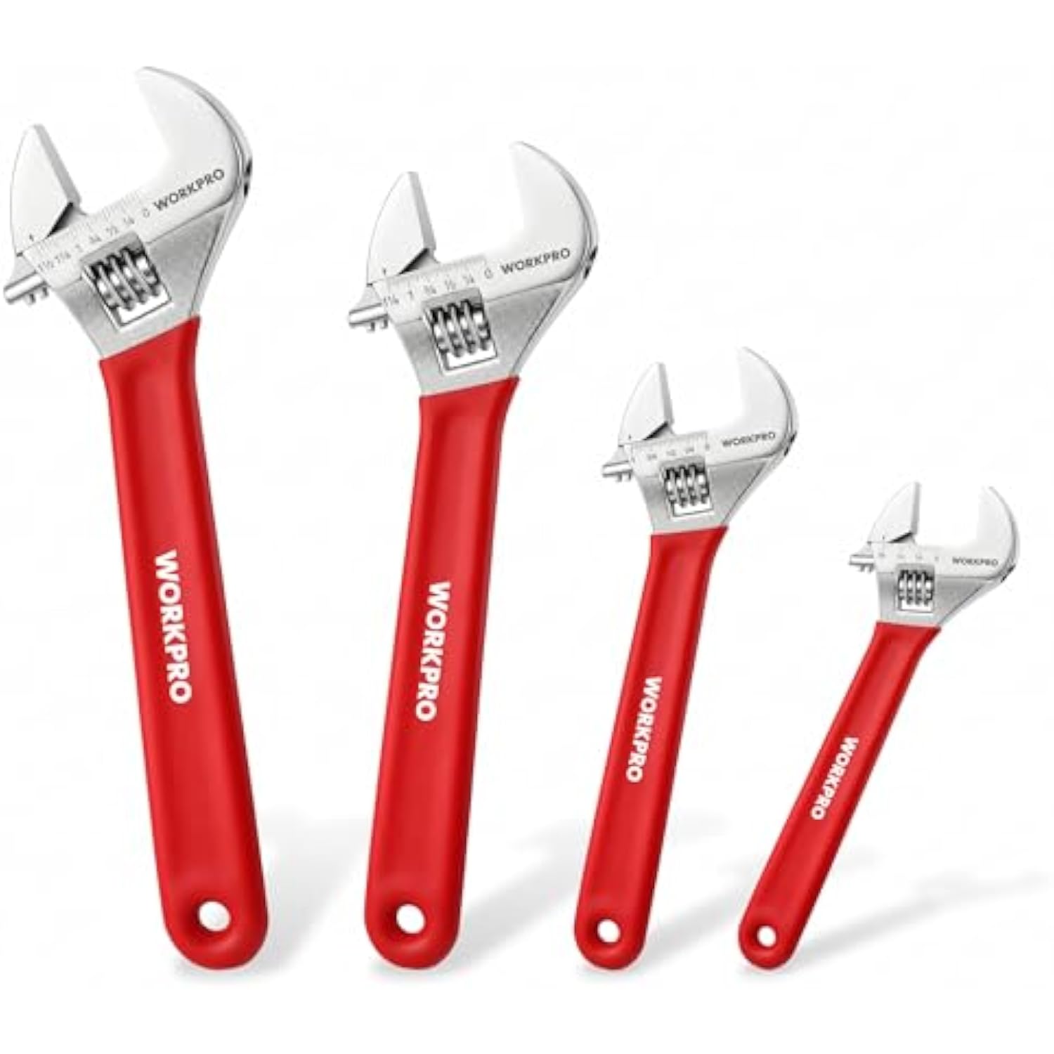 Red adjustable wrench set showing four sizes: 6, 8, 10, and 12 inch
