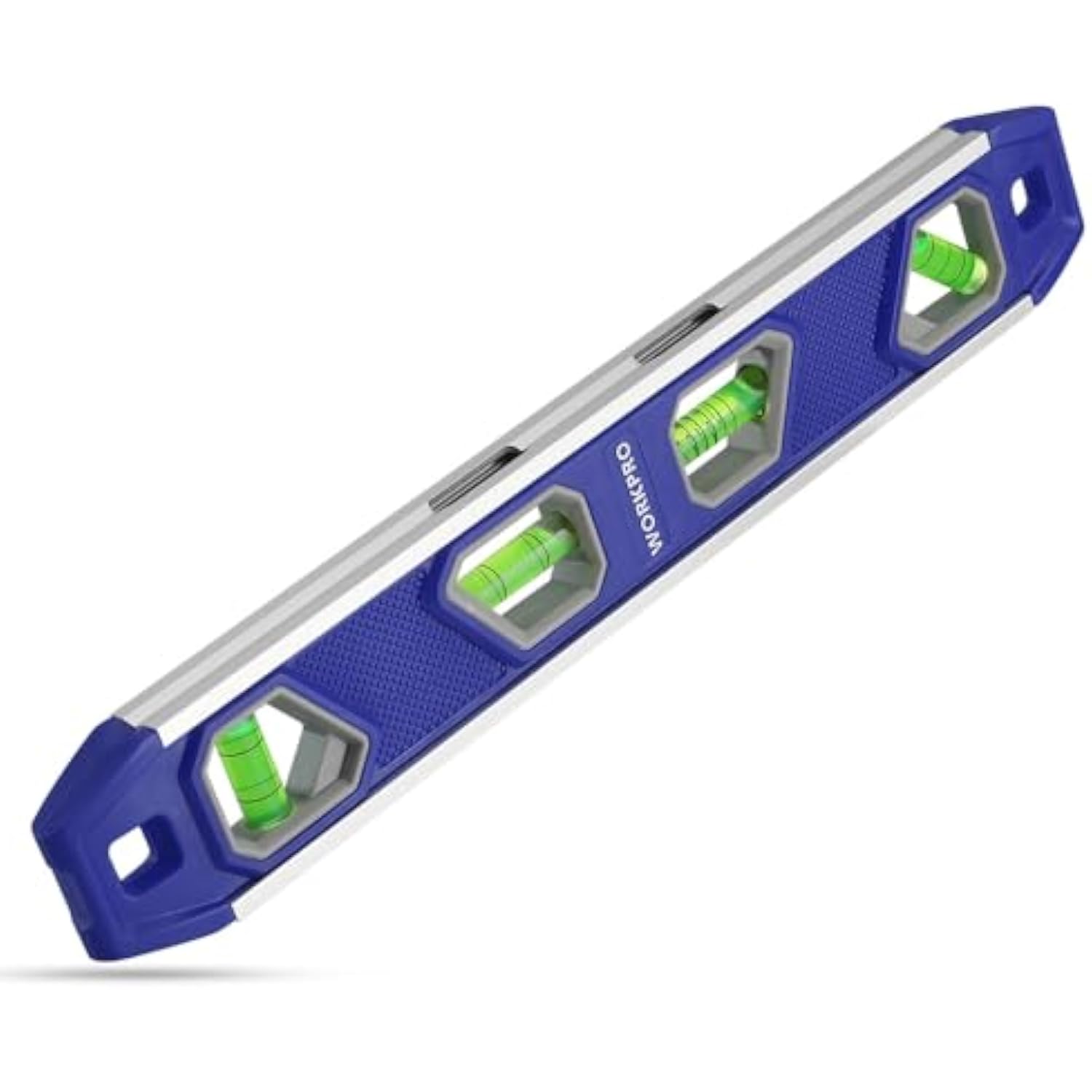 Blue 12-inch torpedo level with aluminum base and four green bubble vials, angled view