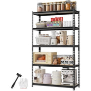 Black 5-tier metal shelving unit with stocked shelves and perforated side frames