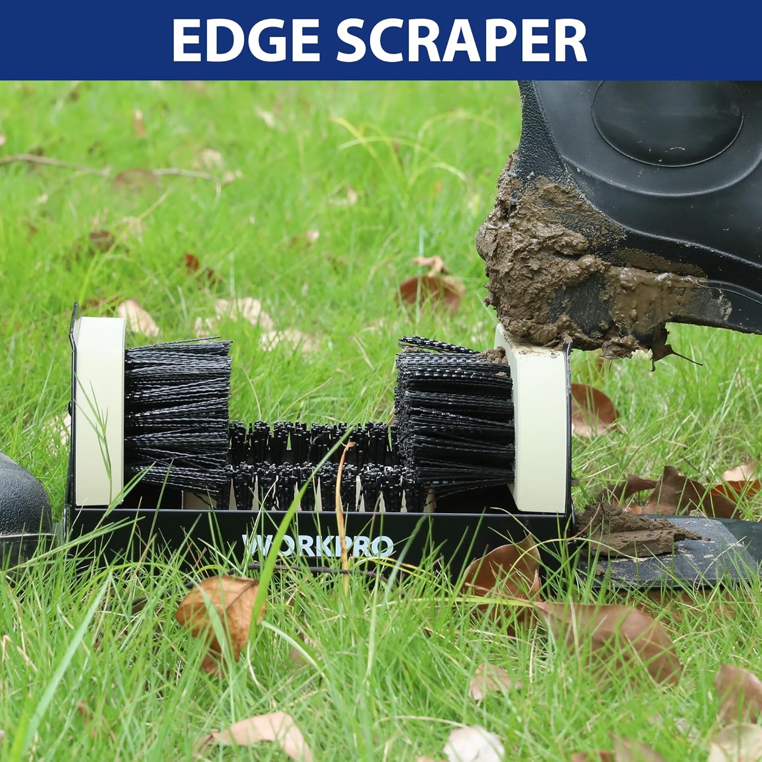 Edge scraper boot scrubber with black bristles and beige side scrapers on base