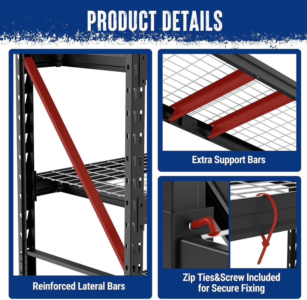Black rack side frame with reinforced lateral bars and included zip ties and screws