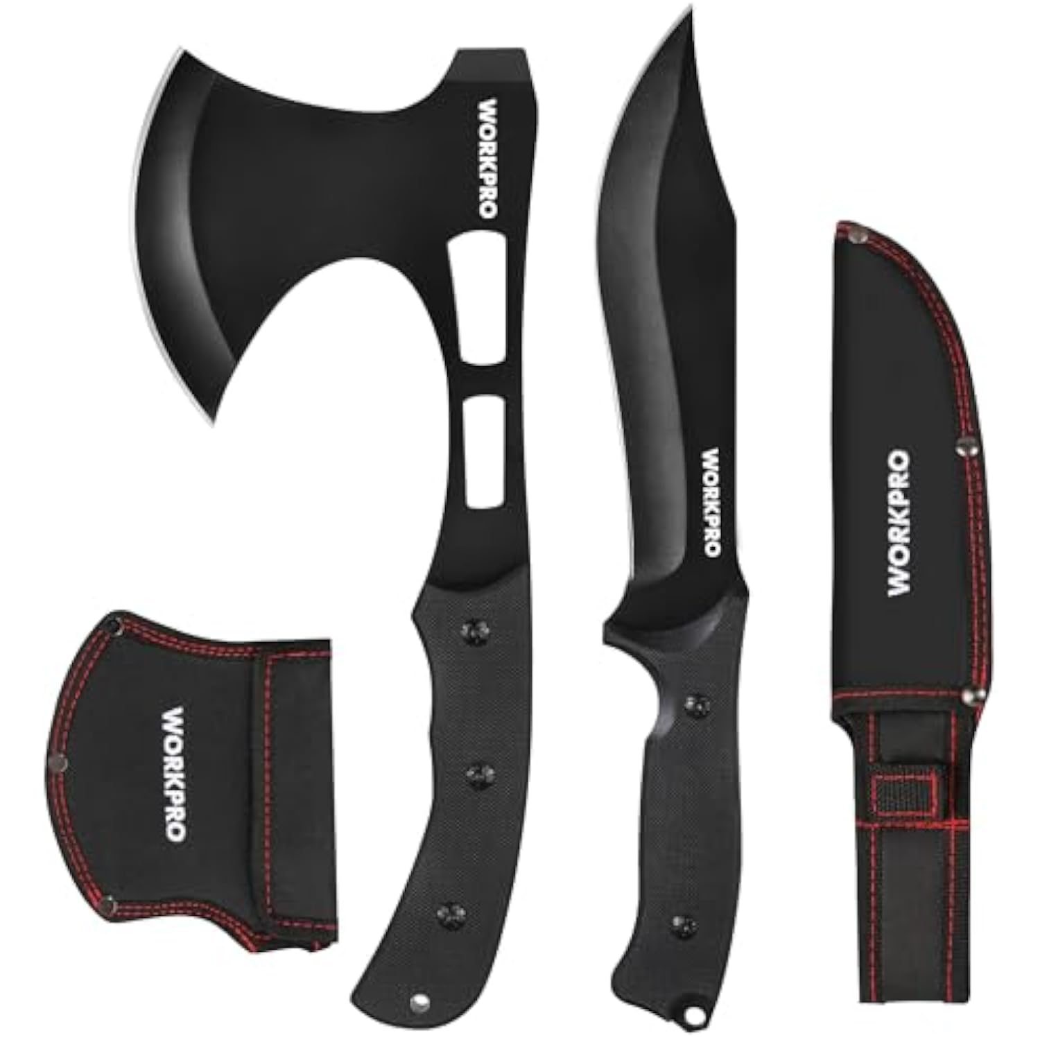 Black tactical hatchet axe and fixed blade knife with two sheath options