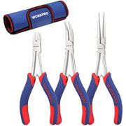 Three mini long reach pliers with blue/red handles and silver jaws, with rolled blue storage pouch