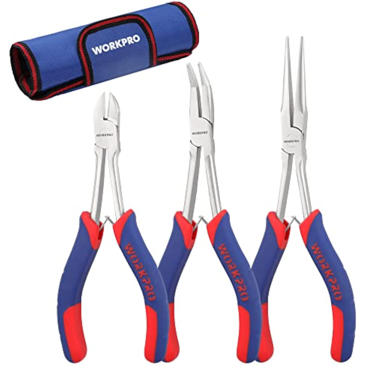Three mini long reach pliers with blue/red handles and silver jaws, with rolled blue storage pouch