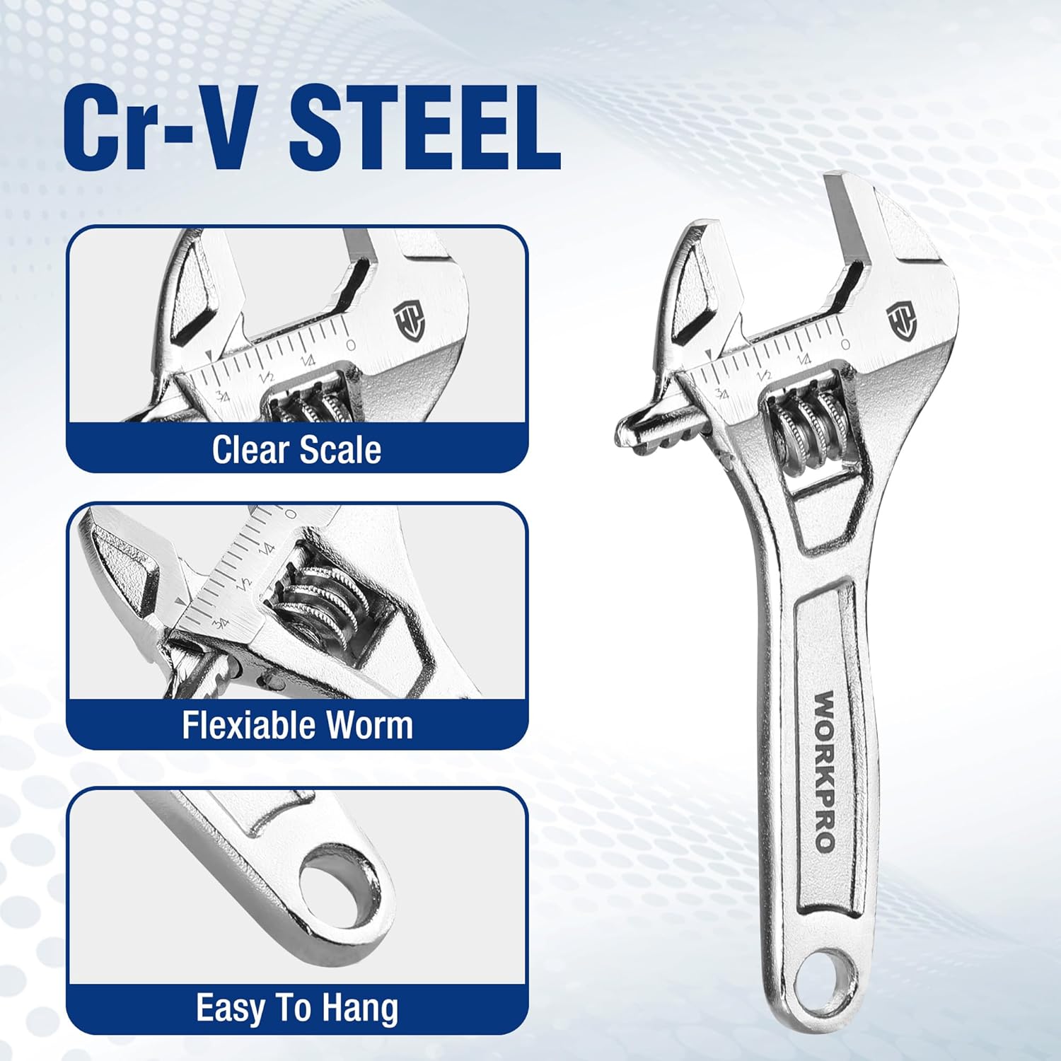 Chrome adjustable wrench with clear measurement scale and worm gear adjuster.