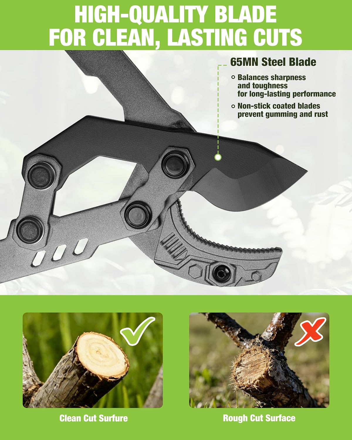 Steel cutting blade on anvil lopper with non-slip textured grip sections, black finish.