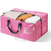 Pink extra-large storage tote bag with black handles, open top with items inside