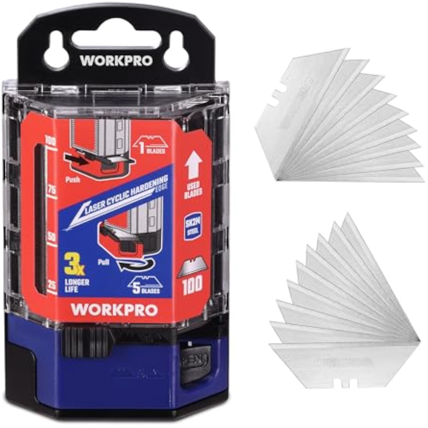 100-pack utility knife razor blades with clear plastic dispenser and neatly stacked blades