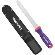 Insulation cutting knife with black sheath and exposed stainless serrated blade