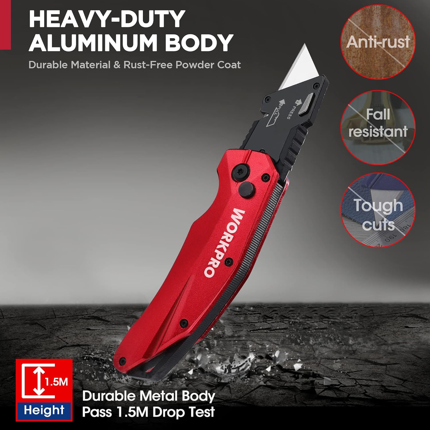 Red folding utility knife with heavy-duty metal body and rugged non-slip grip