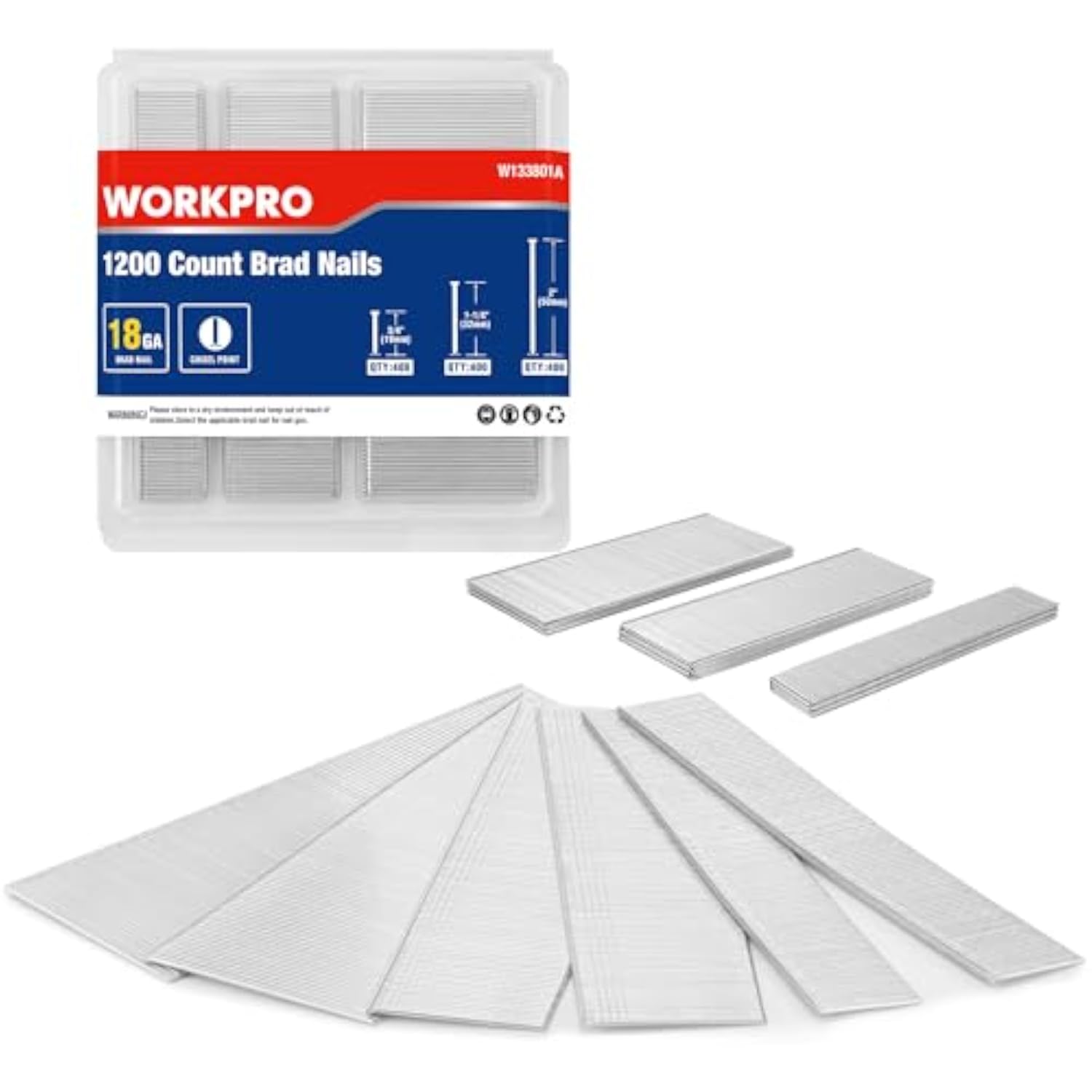 WORKPRO 1200-count 18-gauge brad nails pack with assorted nail strips