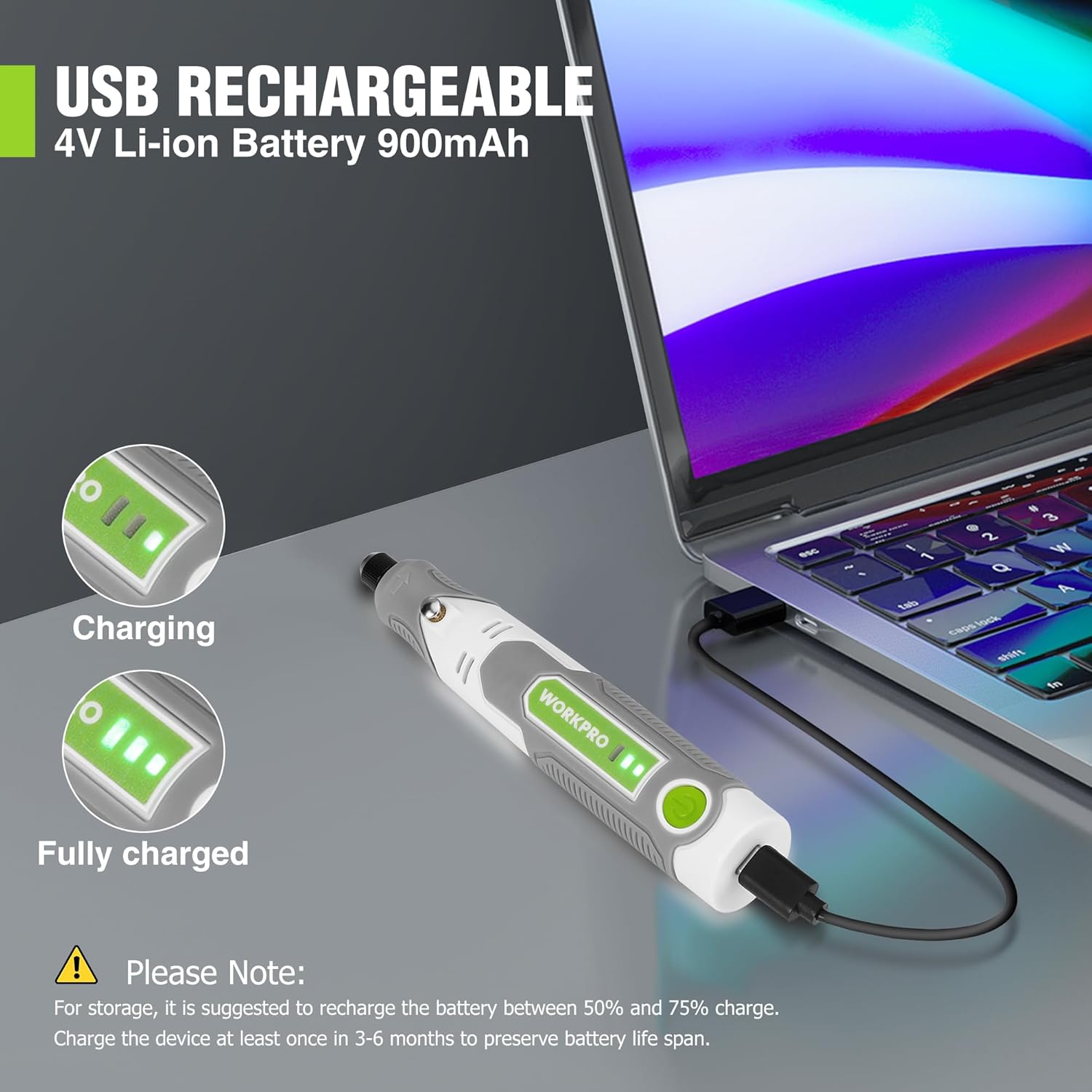 USB rechargeable rotary tool with charging cable, white and gray body with green LEDs