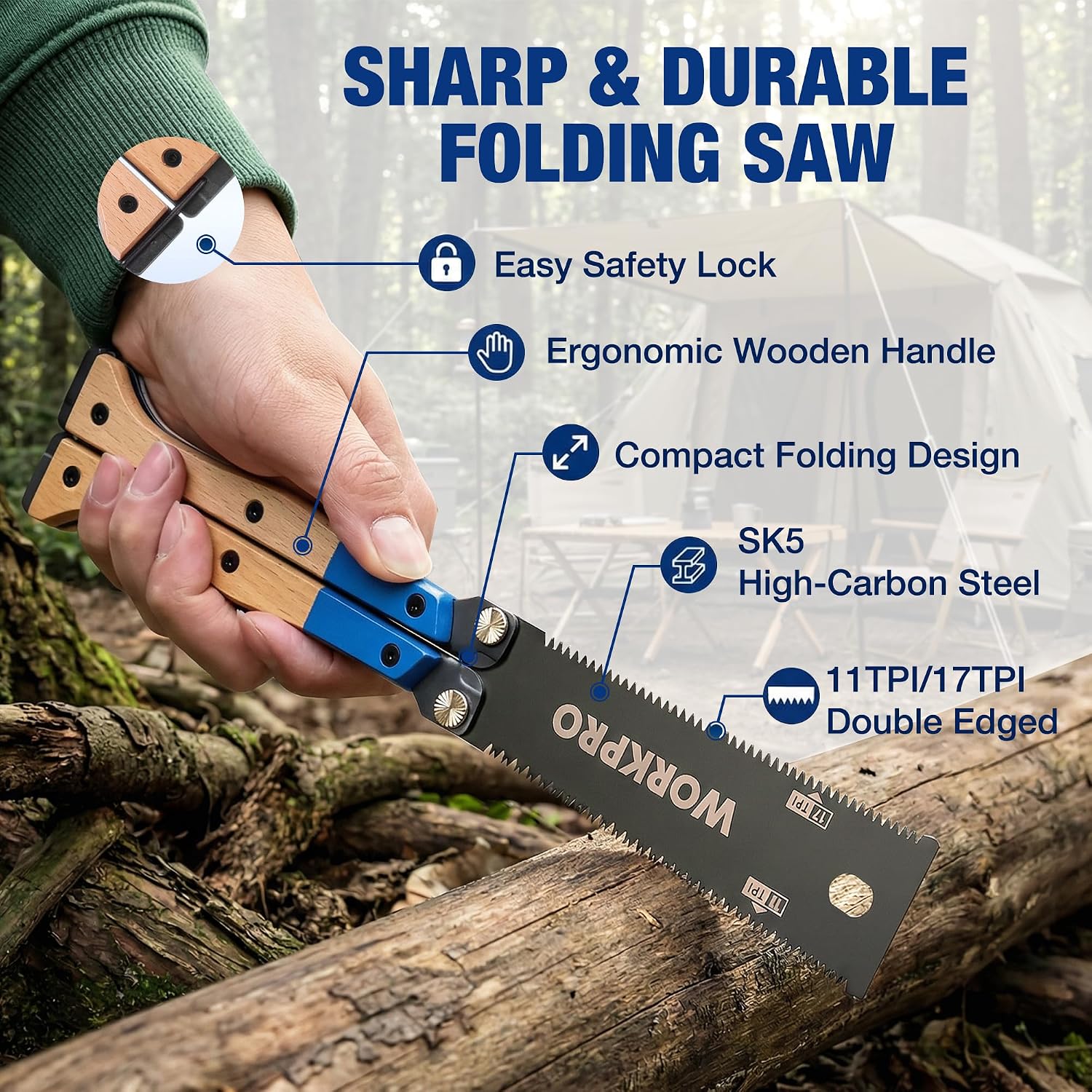 WORKPRO 6'' Folding Japanese Hand Saw, Double-Edged Pull Saw with 11&17 TPI