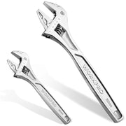 Pair of adjustable wrenches with wide jaws and engraved measurement scales