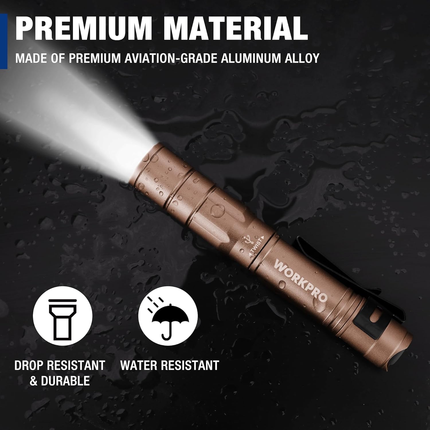 Brown aluminum pen light with water-resistant and drop-resistant design