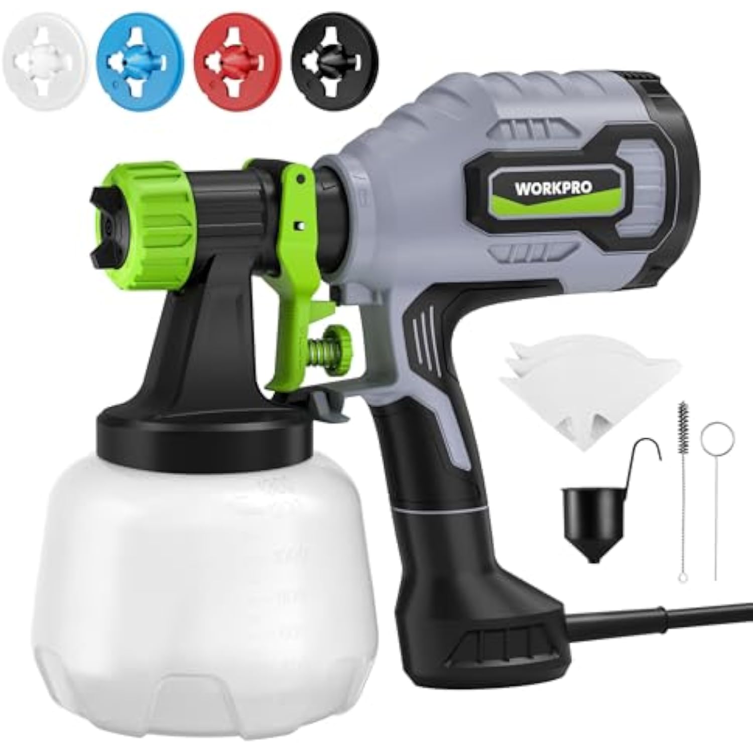 Paint sprayer with green nozzle and gray handle, plus spray tips and funnel accessory pieces.