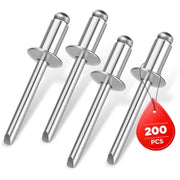 Silver aluminum blind rivets, 200-piece pack shown with rivet heads and stems