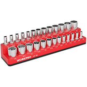 WORKPRO magnetic socket organizer, red base with chrome 1/4-inch drive socket holders