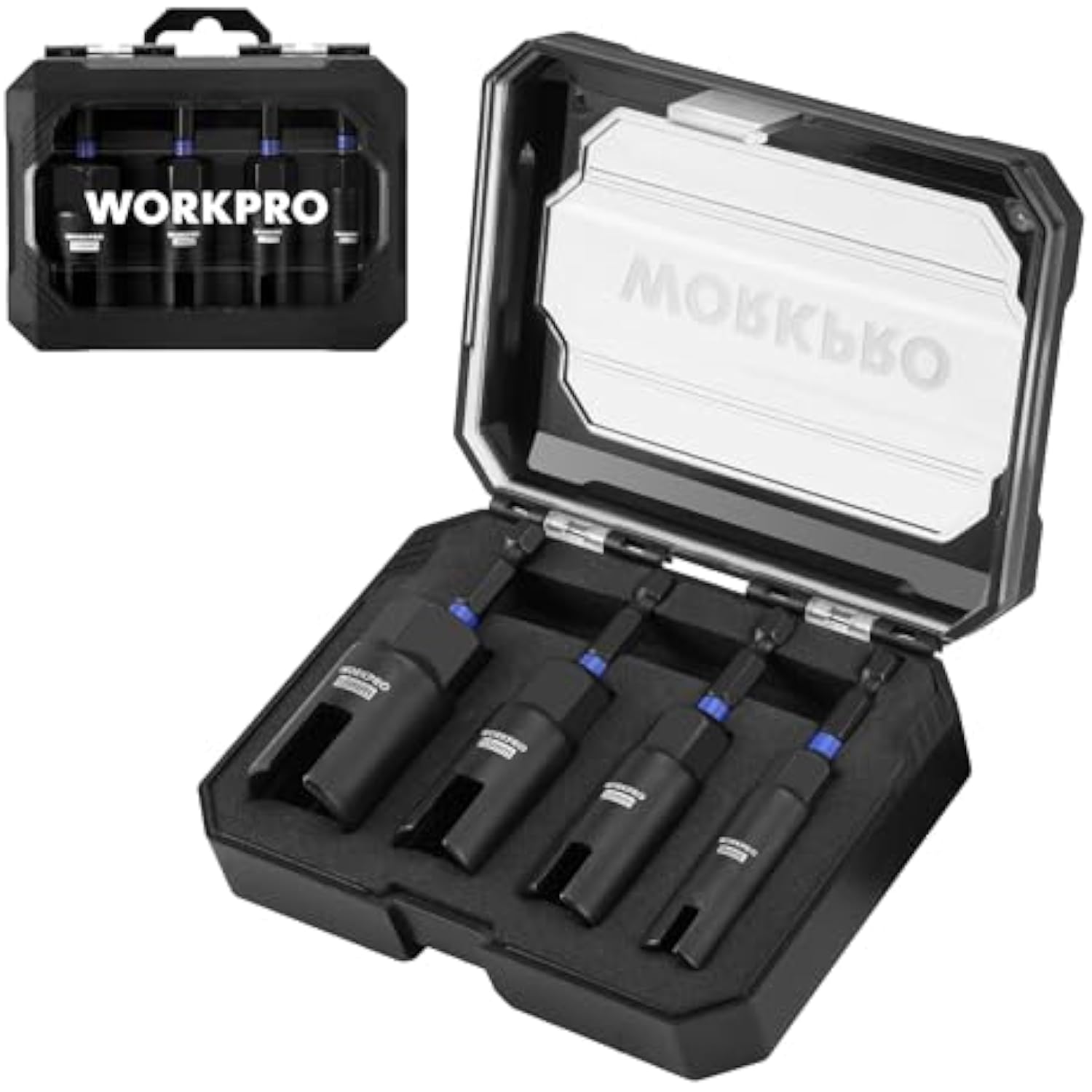 Wing nut driver bit set in open black EVA case with four sockets