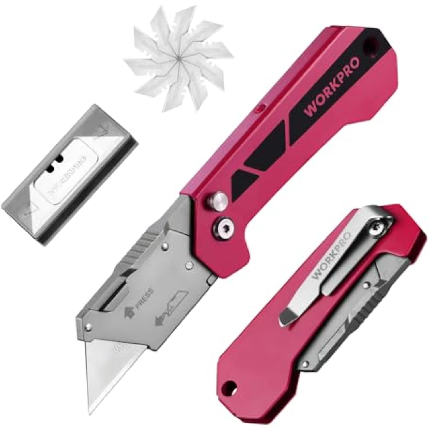 Pink folding utility knife, blade open and closed