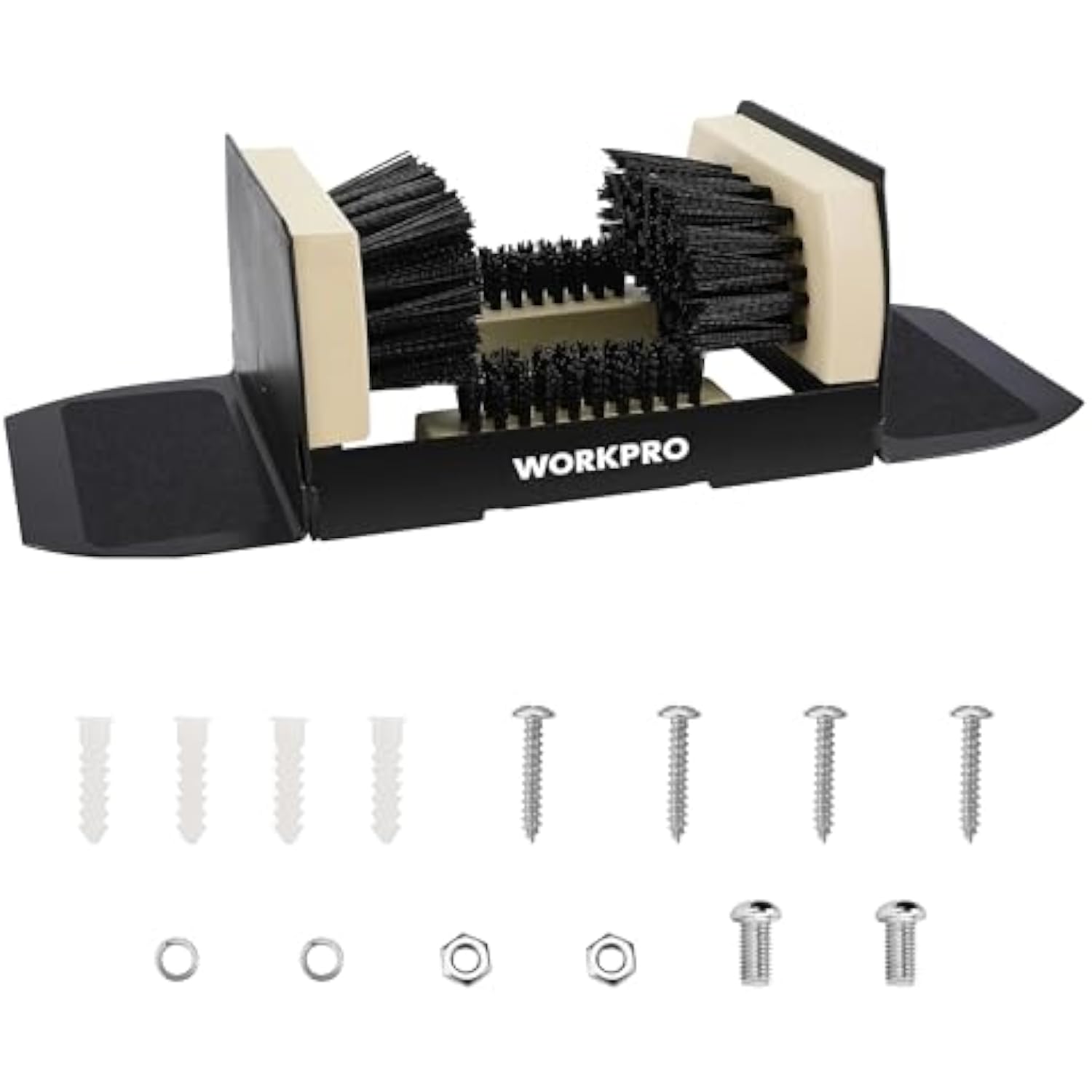 Extra wide boot scrubber brush with black bristles plus included mounting hardware