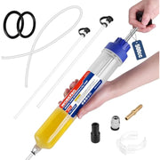 Manual fluid extractor syringe kit with clear hoses, blue pump head, and connector parts