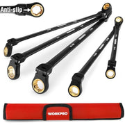Five-piece flex-head ratcheting wrench set with red rolling pouch, black double-box ends