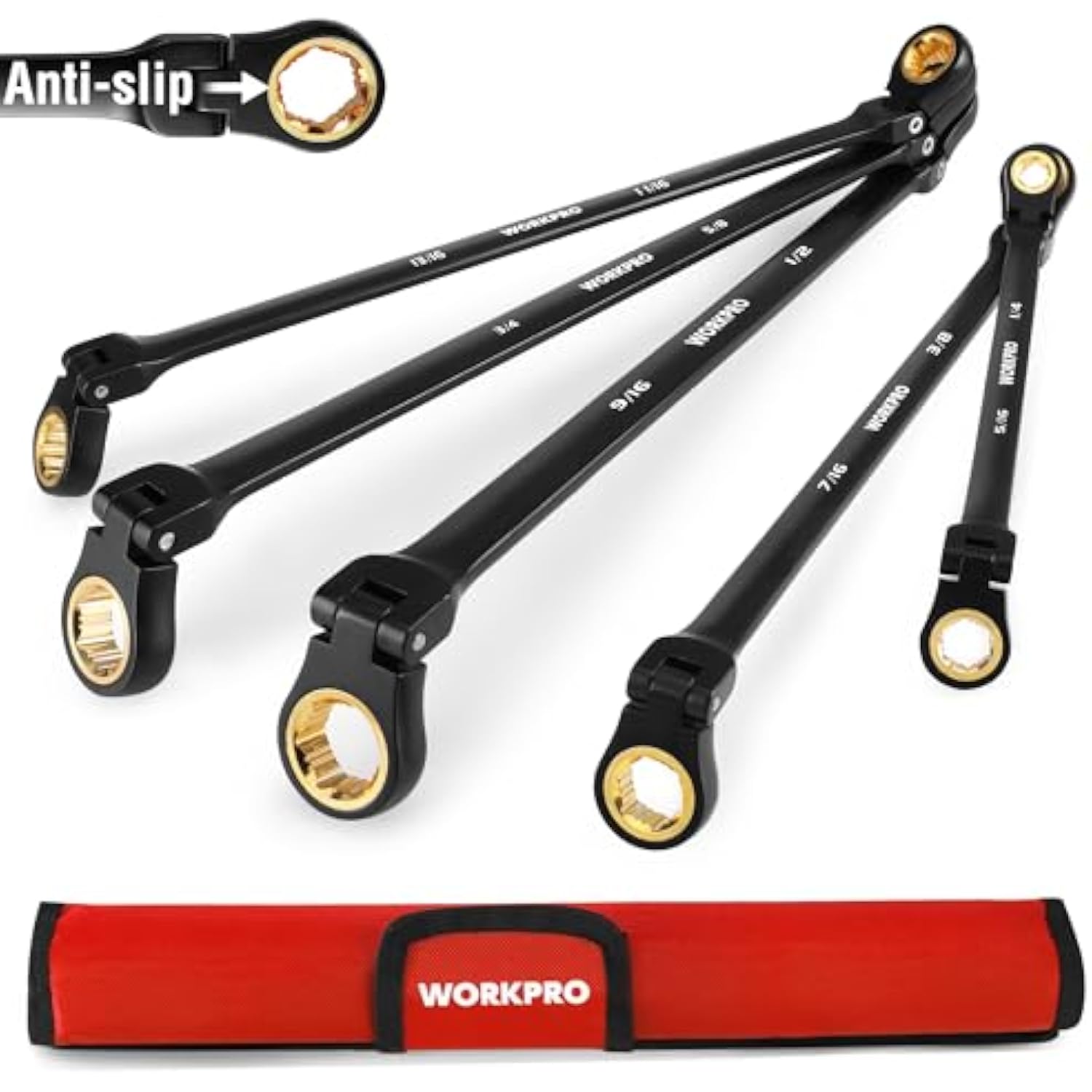 Five-piece flex-head ratcheting wrench set with red rolling pouch, black double-box ends