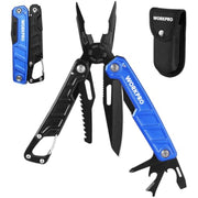 Blue and black folding multitool pliers set with black sheath
