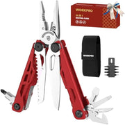 Red stainless steel multitool with black belt sheath and removable screwdriver bit set
