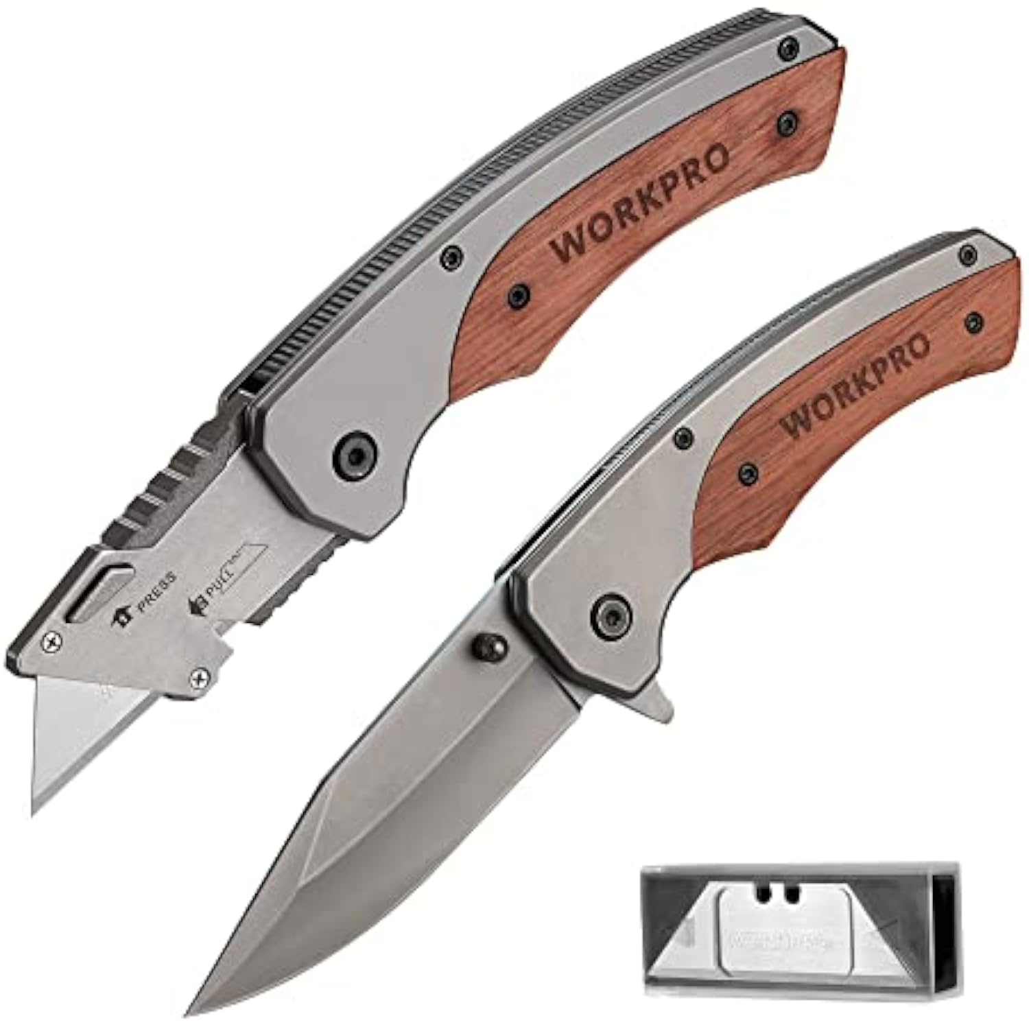 WORKPRO Folding Utility Knife & EDC Pocket Knife, Quick-Change Wood Handle Razor Box Cutter and Foldable Knife Kit with Extra 10PC SK5 Blades for Indoor and Outdoor Activities