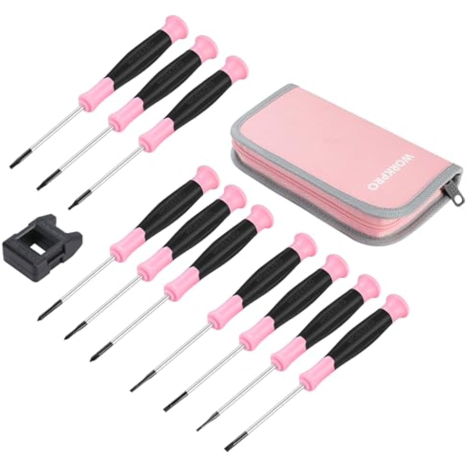 Precision screwdriver set with pink zip pouch, black handles, and assorted metal tips
