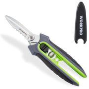 WORKPRO pruning shears with straight and serrated stainless blades, green handle and sheath