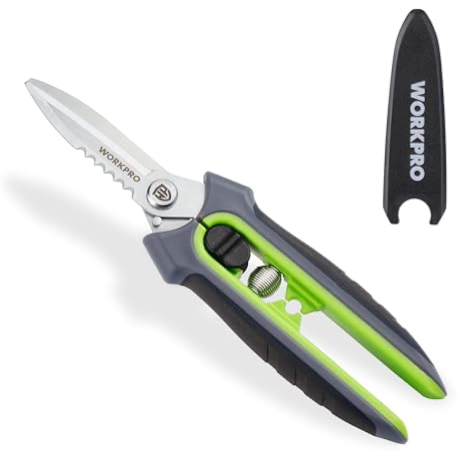 WORKPRO pruning shears with straight and serrated stainless blades, green handle and sheath