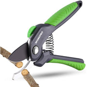 Bypass pruning shears cutting small branches with green handle and spring-loaded mechanism
