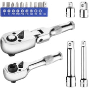 Stubby ratchet driver with hex bits, socket adapters, and extension bars