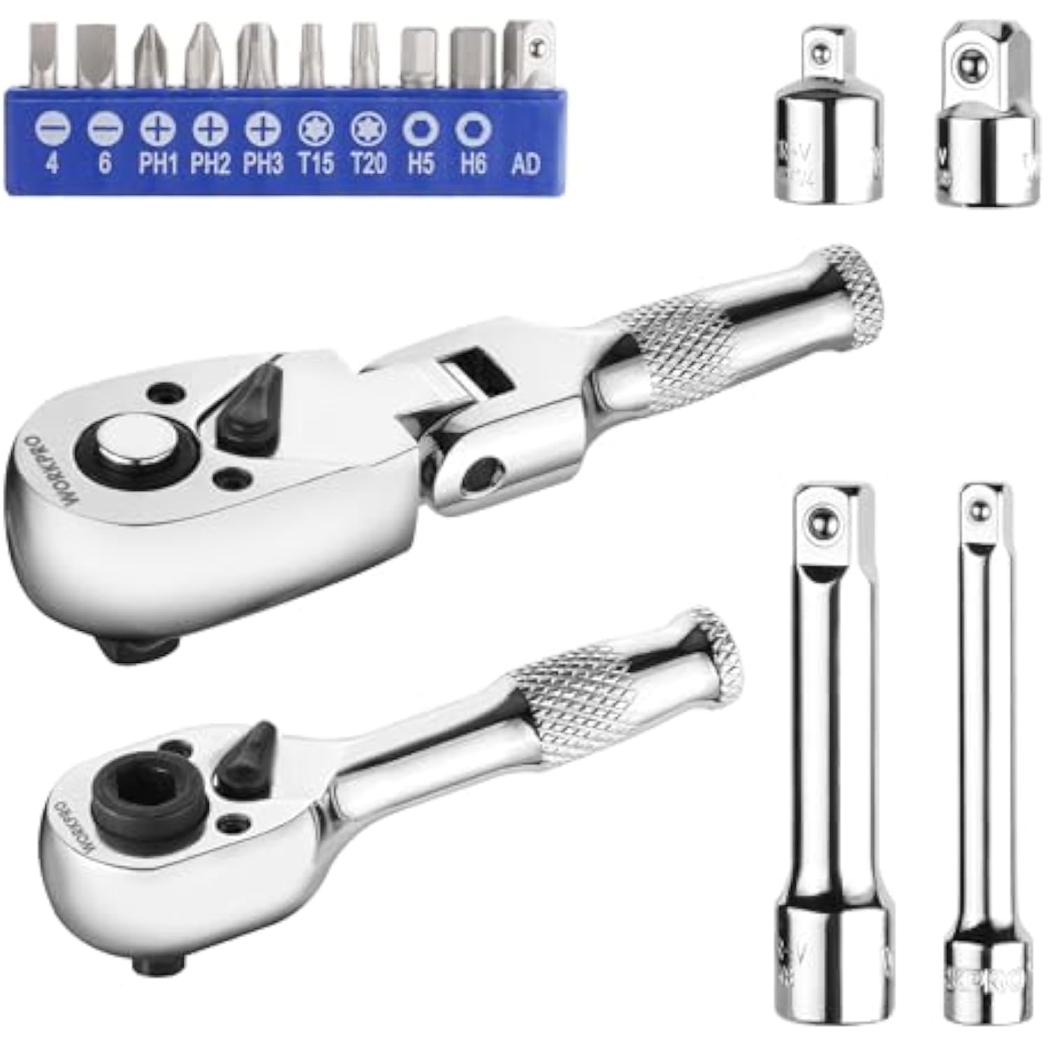 Stubby ratchet driver with hex bits, socket adapters, and extension bars
