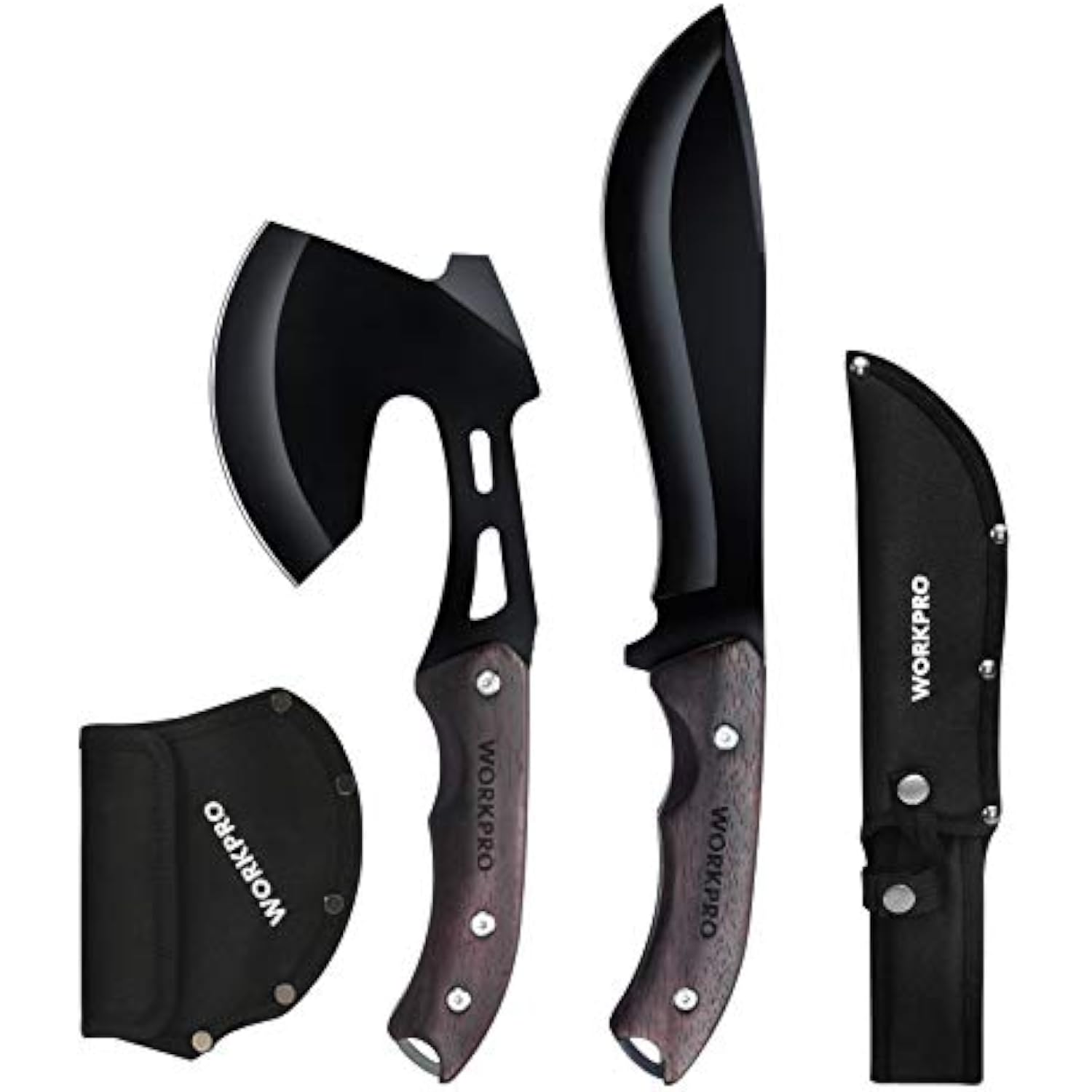 WORKPRO Full Tang Wood Handle Axe and Fixed Blade Knife Combo Set with Nylon Sheath