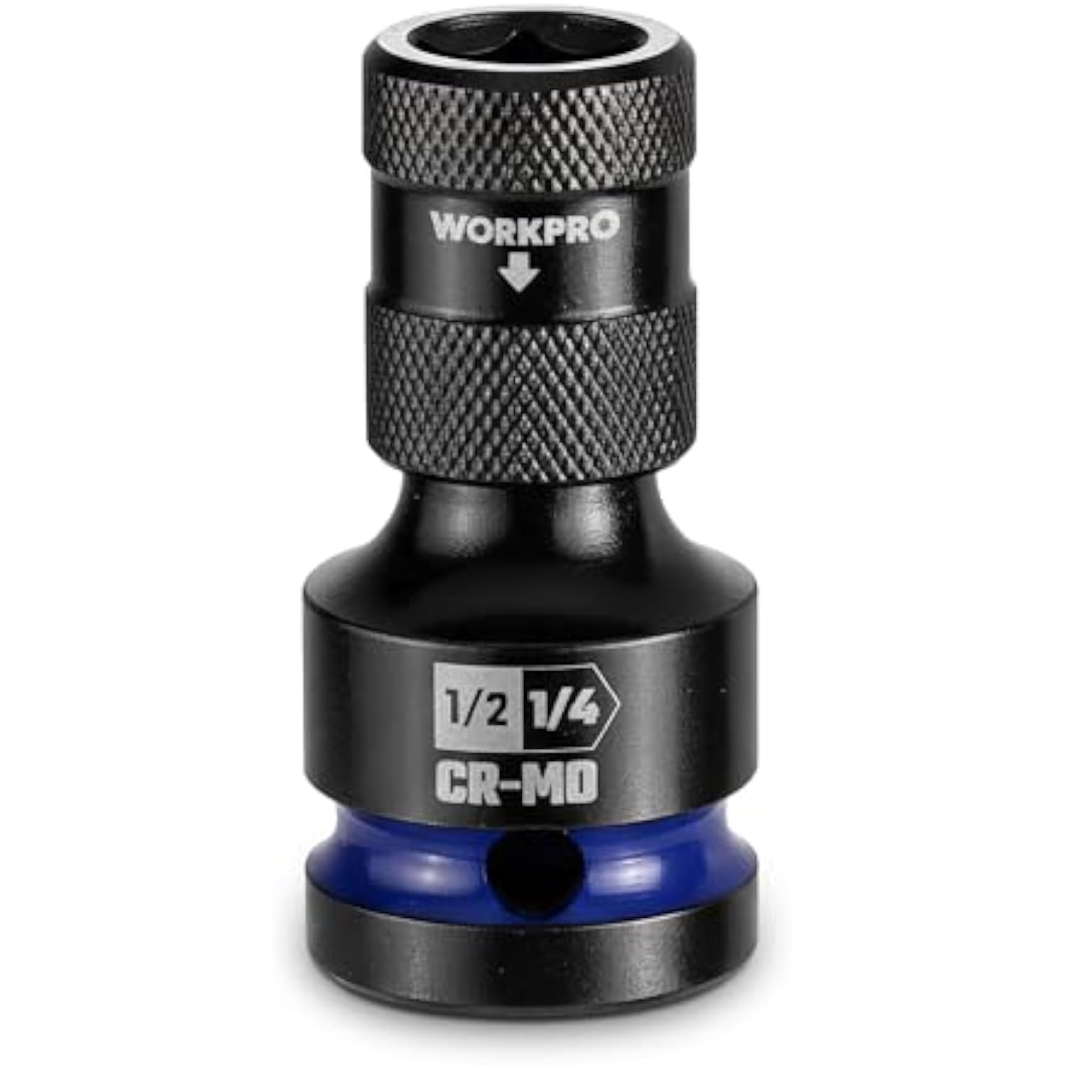 Front view of black 1/2 in square to 1/4 in hex impact socket adapter with blue ring