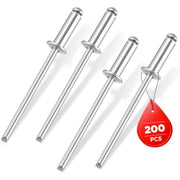 Silver aluminum blind rivets, 200-piece set with assorted lengths, shown on white