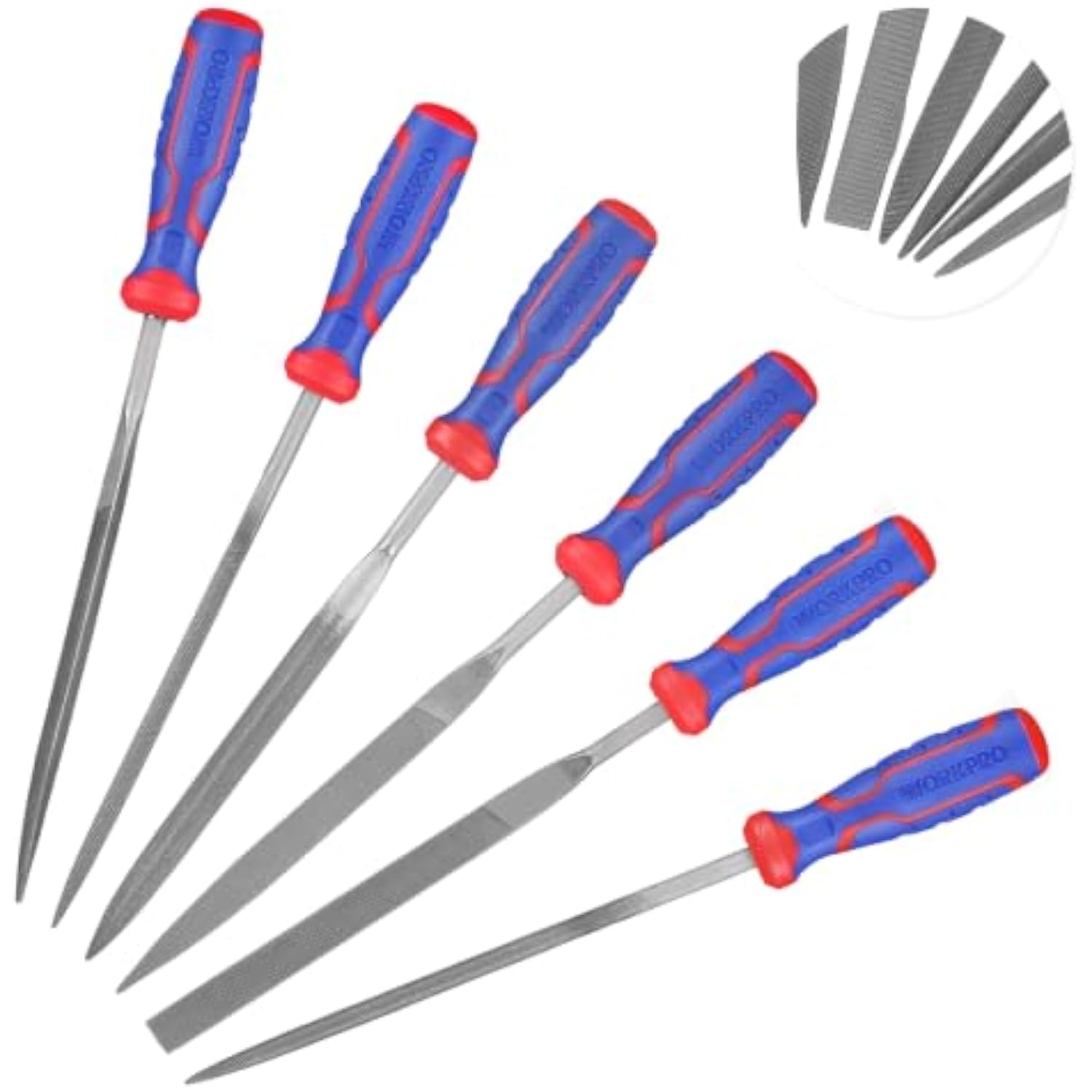 Needle file set close-up with gray steel tips and blue-red anti-slip handles