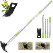 Weed puller tool with black rake head, lime accents, and long metal handle with extras