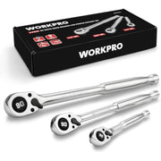 Chrome 90-tooth low-profile drive ratchet set of three wrenches with compact heads