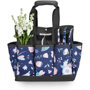 Blue WORKPRO gardening tote with dual top handles, front pockets, and insect print.