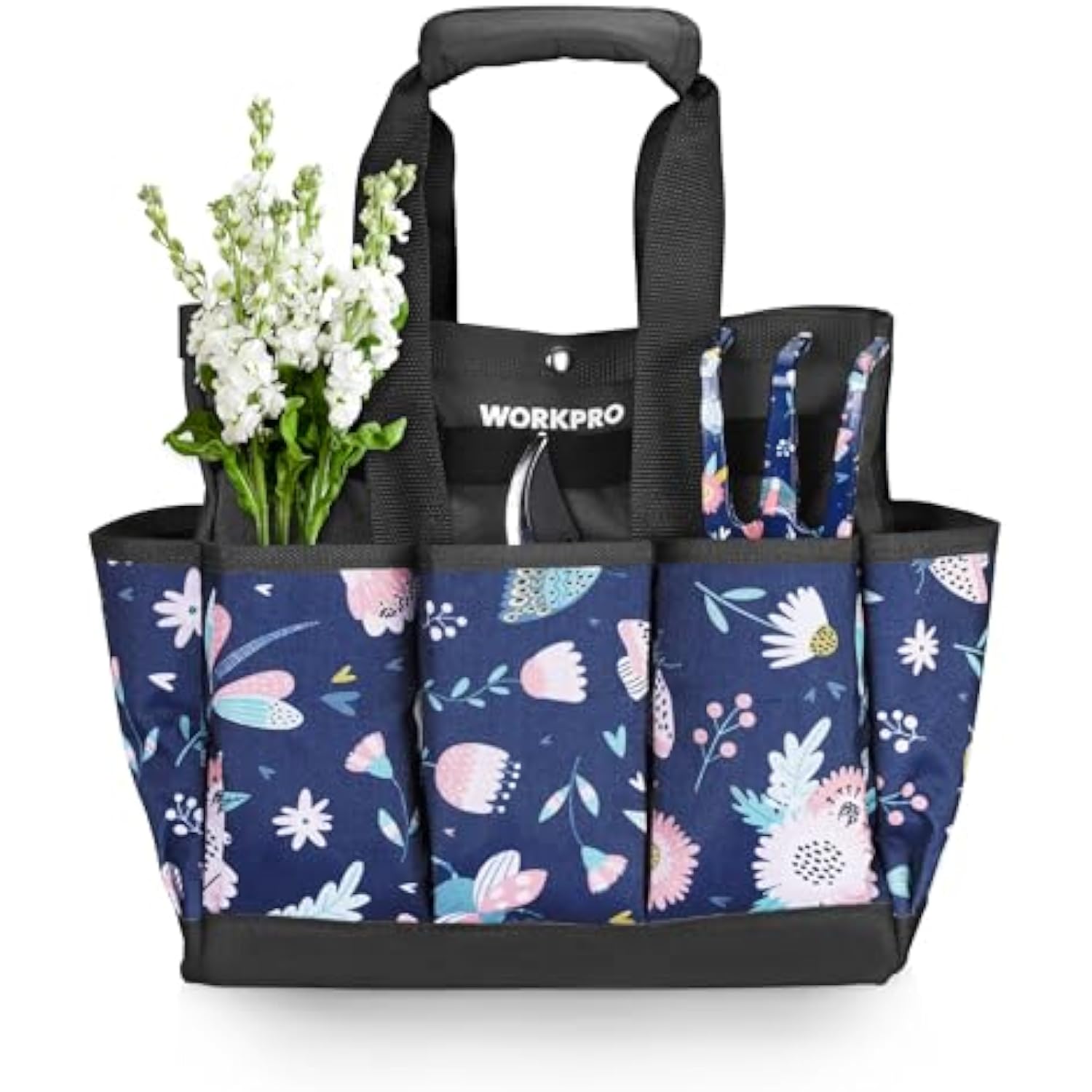 Blue WORKPRO gardening tote with dual top handles, front pockets, and insect print.