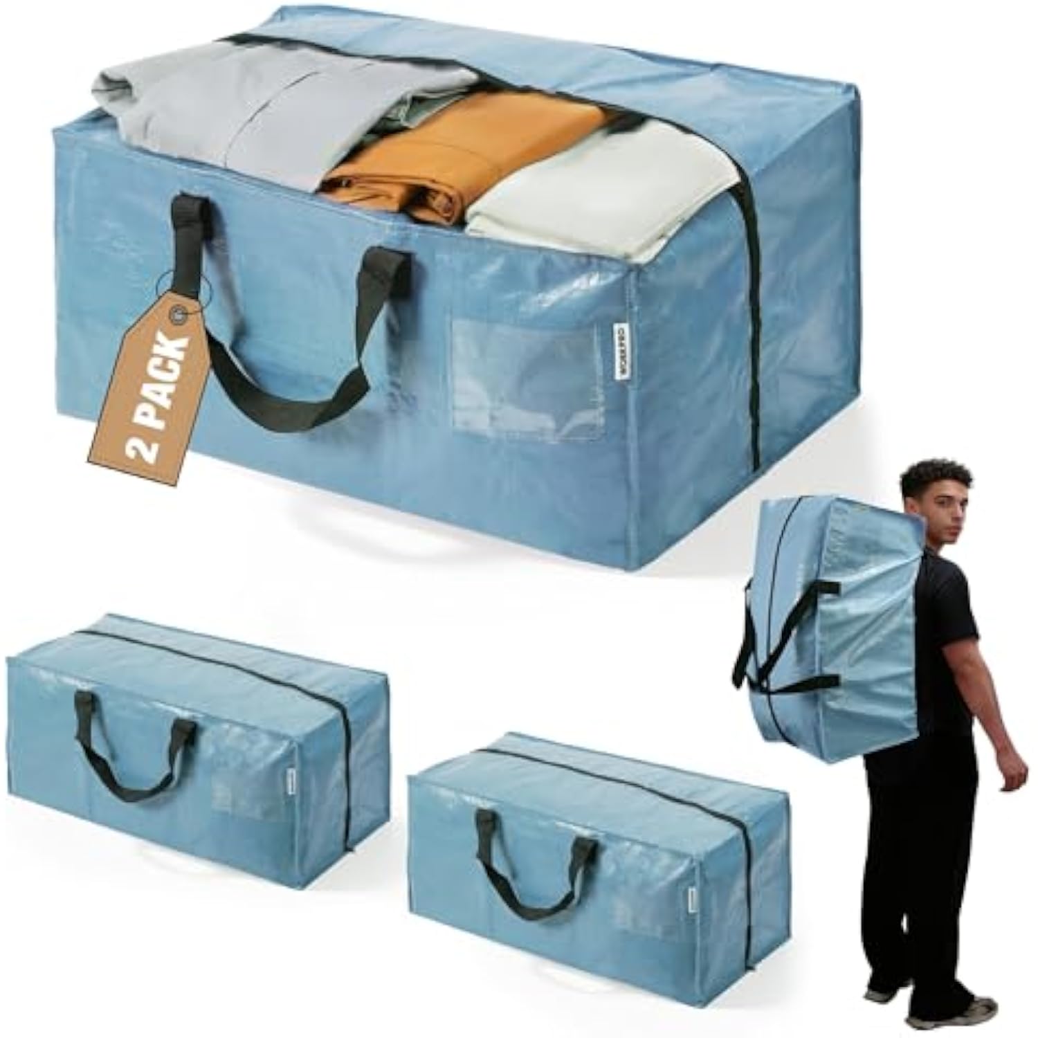 Dusty blue two-pack moving storage bags with black handles and side zipper