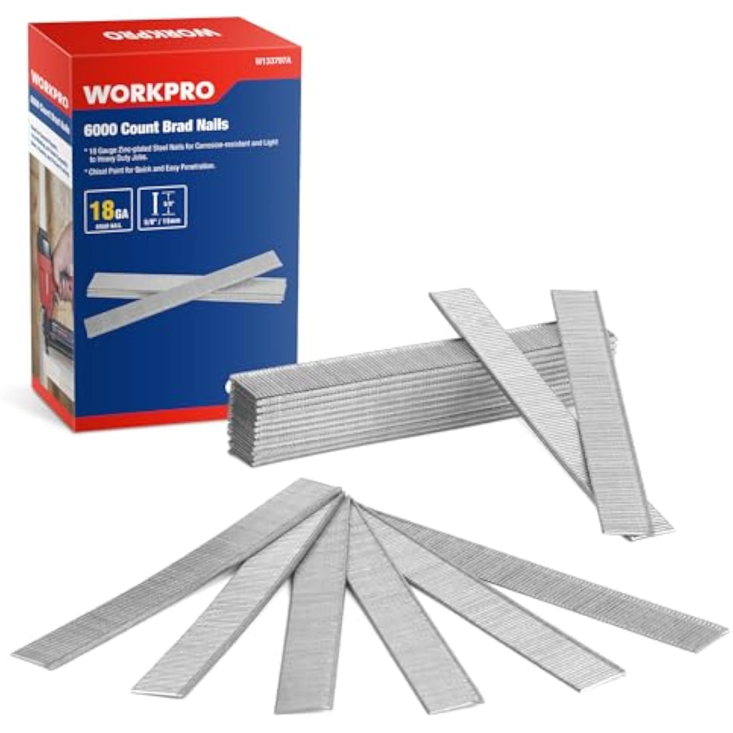 WORKPRO 18-gauge brad nails box with galvanized nail strips and loose nails