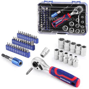 Ratchet wrench set with clear case, metric sockets, screwdriver bits, and bit holder