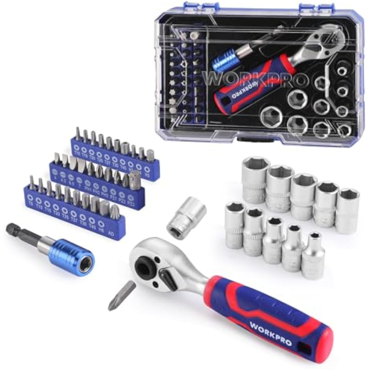Ratchet wrench set with clear case, metric sockets, screwdriver bits, and bit holder