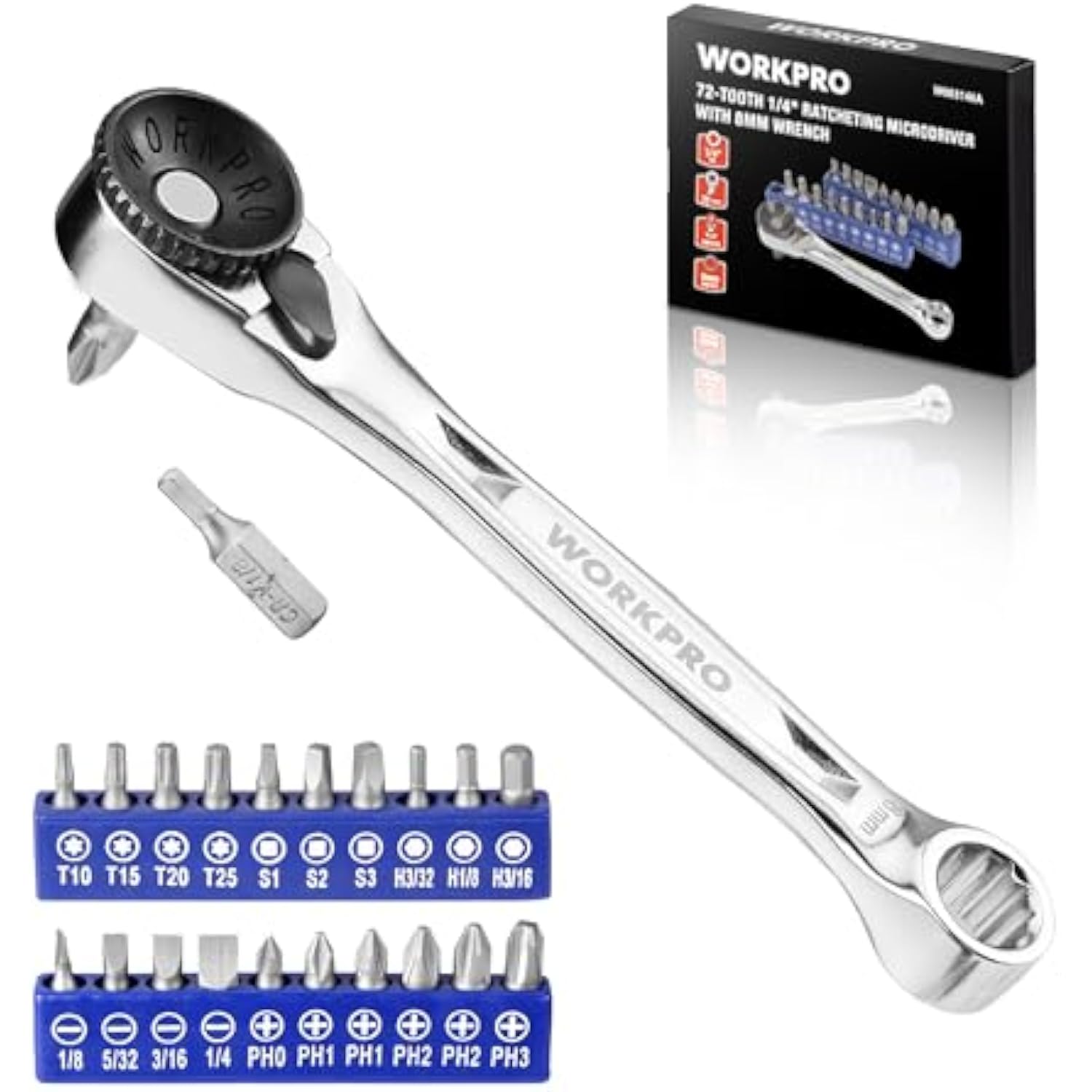 Mini 1/4 in ratchet screwdriver wrench with bit holder and 21-piece bit set
